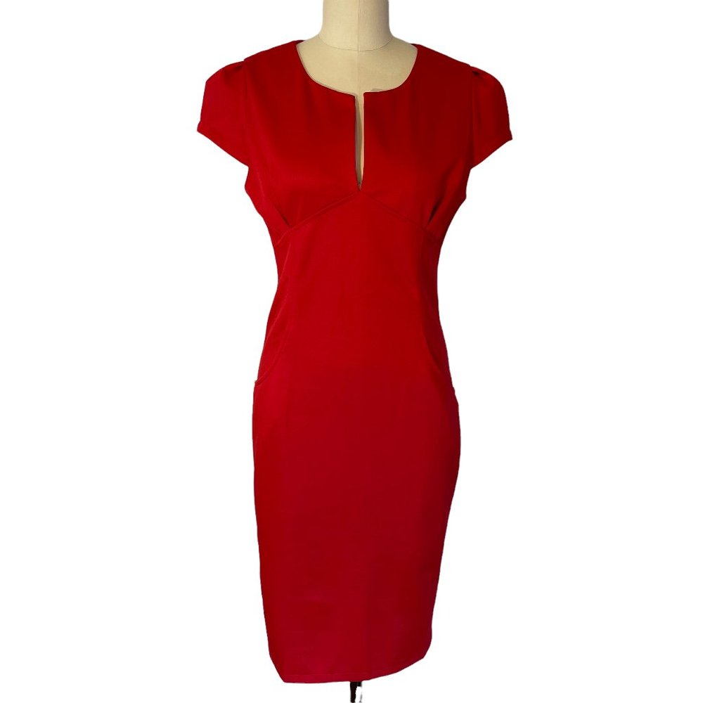 Anself Red Sheath Dress V Neck Cap Sleeve Pockets Zip Stretch sz M NWT!